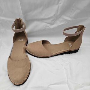 Eileen Fisher Ankle Strap Flats – Tan Suede Zip Back – Size 9